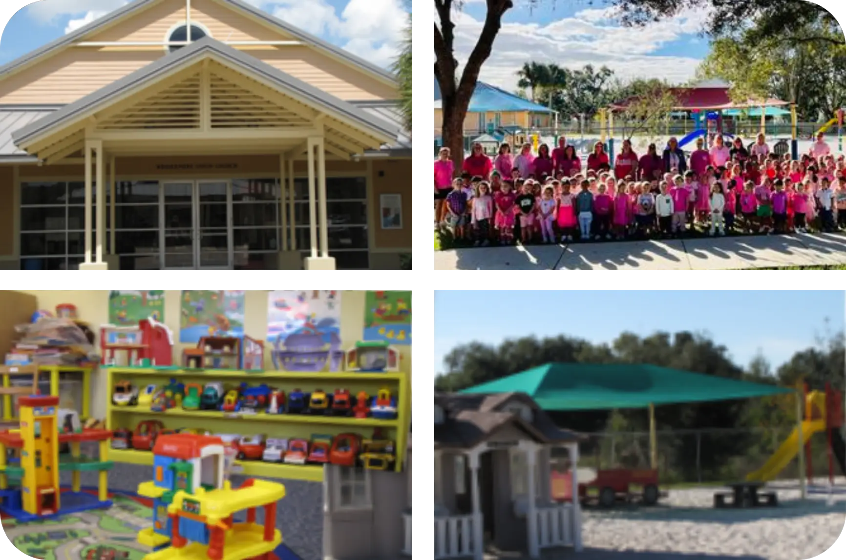 Collage of a school building, children group photo, colorful classroom, and outdoor play area.